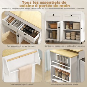 Ilha central de cozinha com tampo extensível, carrinho de cozinha com Rodas, 2 gavetas e 4 portas, branco