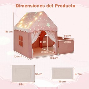 Casa de Jogos 2 em 1 com Parque Infantil, 169 x 120 x 136 cm, Luzes Estreladas, Rosa
