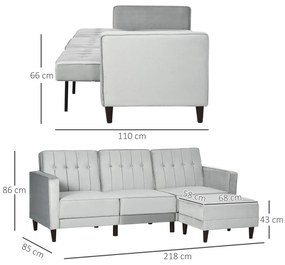 HOMCOM Sofá Cama com Chaise Longue de 3 Lugares Tato Aveludado com Encosto Ajustável e Apoio para os Pés Móvel 218x85x86cm Cinza