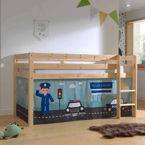 Cama alta de Criança PINO 90 x 200 cm + estrado + escada + cortina Policia Natural