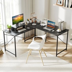 Secretária em forma de L 150 cm reversível com suporte para monitor removível e gestão de cabos para escritório em casa cinzento