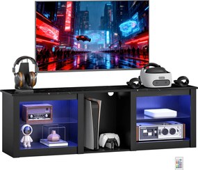 Móvel de TV com iluminação LED para televisores até 65 polegadas, 160 C x 35 L x 49,7 A cm, com prateleiras de vidro ajustáveis, preto