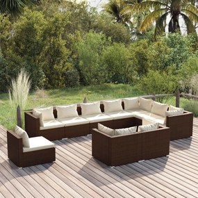 vidaXL 10 pcs conjunto lounge de jardim c/ almofadões vime PE castanho