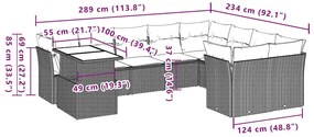10 pcs conjunto sofás de jardim c/ almofadões vime PE preto