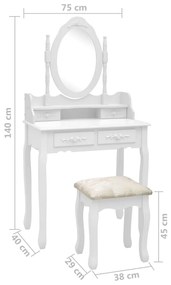Conj. toucador com banco 75x69x140 cm madeira paulownia branco