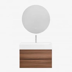 Conjunto De Móvel De Casa De Banho Suspenso Em Madeira E Folha De Freixo Com Lavatório Integrado Ona Madeira Escura & Redondo Led - Sklum