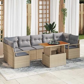 vidaXL Sofá de Jardim com 8 Peças e Almofadas em Rattan e Poliéster Bege e Acácia