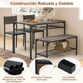 Conjunto de mesa, 2 cadeiras e um banco de jantar, com estrutura em metal e prateleira moderna para sala de jantar e cozinha cinza