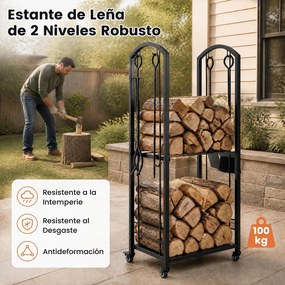 Estante Vertical para Lenha, 46 x 33 x 121,5 cm, Conjunto de Ferramentas, Preto