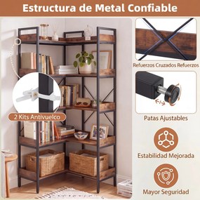 Estante de Canto com 5 Níveis, 113 x 30 x 167 cm, Montagem em L ou em Linha Reta, Castanho+Preto