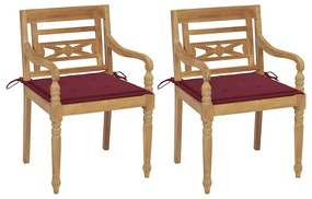 vidaXL Cadeiras Batávia c/ almofadões vermelho tinto 2 pcs teca maciça