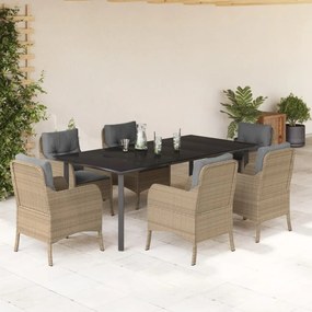 7 pcs conjunto de jantar p/ jardim com almofadões vime PE bege