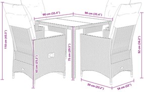5 pcs conjunto de jantar p/ jardim c/ almofadões vime PE cinza
