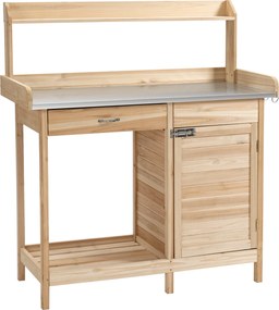 Mesa de jardinagem com 2 prateleiras, gaveta, armário, tabuleiro de chapa de aço galvanizado com rebordo, 3 ganchos em madeira de abeto