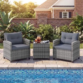 Conjunto de Jardim de 3 peças em rattan com almofadas macias e mesa em vidro temperado para varanda, alpendre ou jardim - cinzento