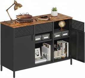 Aparador, armário de arrumação 40 x 110 x 76 cm com porta dupla em metal e madeira, fecho magnético castanho-preto