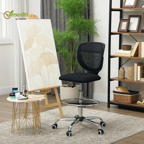 Cadeira de escritório ergonómica em malha 59 x 59 x 106-126 cm, cadeira de desenho, altura e apoio para os pés ajustáveis, preta