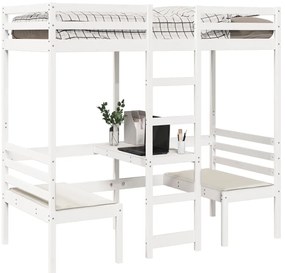 Cama alta c/ secretária/cadeiras 90x190 cm pinho maciço branco