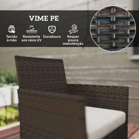 Conjunto de Jardim em Vime com Almofadas Móveis de Exterior com 2 Poltronas Sofá de 2 Lugares Mesa com Vidro Castanho e Bege