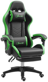 Cadeira Gaming Reclinável até 135° com Suporte Lombar Altura Ajustável Almofada de Cabeça e Apoio para os Pés Retrátil 65x65x121-129 cm Preto e Verde