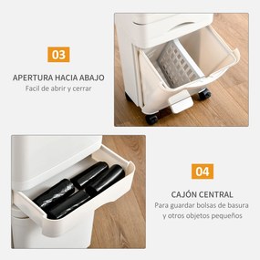 HOMCOM Caixotes de Lixo e Reciclagem 45L Caixote Móvel com Rodas 4 Compartimentos Gaveta Abertura e Fechamento com Botão e Pedal 42x29x83cm Branco