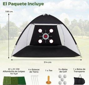 Rede de treino de golfe 314 x 199 cm, portátil, com tapete Tri-Turf, bolas, tee e saco de transporte dobrável para uso no interior e no exterior Preto