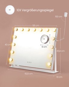 Espelho de maquilhagem com iluminação e ligações para carregamento 10 x 62,5 x 45,8 cm, branco mate