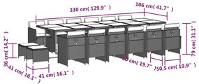 17 pcs conj. de jantar p/ jardim c/ almofadões vime PE cinzento