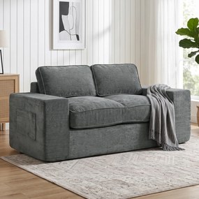 Sofá pequeno de 2 lugares em chenille, sofá de sala de 156,5 x 87,5  x 78  cm, assento e braços largos estofados, 2 almofadas, cinzento