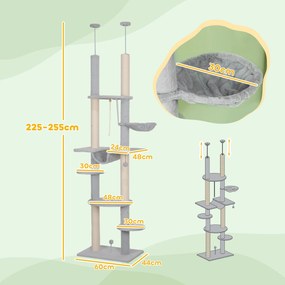 Arranhador para Gatos do Chão ao Teto 225-255 cm com 7 Níveis Rede Plataformas Postes de Arranhar  Cinza