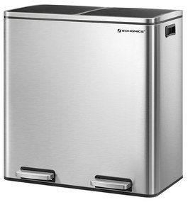 SONGMICS Lixeira Dupla, 2 Lixeiras de Cozinha com Compartimento Duplo de 30 L e 15 Sacos de Lixo, Lixeira de Pedal de Metal com Baldes e Tampas Internos de Plástico, Fechamento Suave, Selo de Odor, Prata e Preto LTB60NL