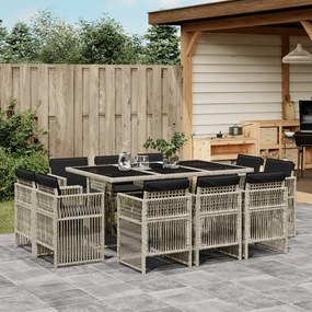 vidaXL 11 pcs conjunto jantar p/ jardim c/ almofadões vime PE cinzento