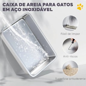 Caixa de Areia XL em Aço Inoxidável para Gatos, Fechada, com Tampa Basculante, Borda Alta, Pá Metálica, Anti-derrame, Cinzento-claro