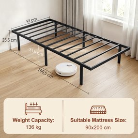 Estrutura de cama 90 x 200 cm com base de metal (COLCHÃO NÃO INCLUIDO), cama individual com espaço de arrumação por baixo, silenciosa, montagem fácil,