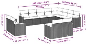 12 pcs conjunto de sofás jardim c/ almofadões vime PE cinzento