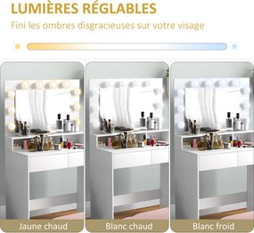 Toucador de Maquilhagem com Espelho Hollywood, 80 x 40 x 135 cm, 10 Lâmpadas com 3 Modos de Iluminação, Branco