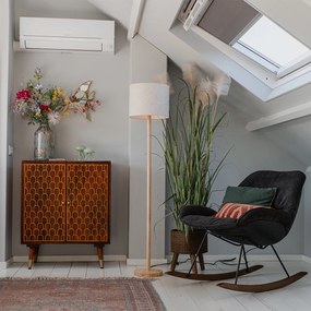 Candeeiro de pé rústico em madeira com abajur em linho bege 32 cm - Mels