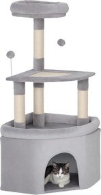 Arranhador para gatos com torre de brincadeiras, arranhadores de sisal, plataforma, compartimentos abertos, tecido felpudo, bolas, 49x49x114 cm, cinze