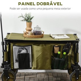 Outsunny Carrinho Dobrável de com Rodas Carrinho para Praia com Guiador Telescópico Bancada Dobrável 5 Bolsas de Armazenamento Estrutura de Aço e Tecido de Oxford 108x55x93cm Verde Escuro