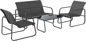 Outsunny Conjunto Jardim de 4 Peças com Sofá de 2 Lugares 2 Poltronas Mesa de Vidro Temperado Tecido Textilene Respirável Cinza Escuro | Aosom Portugal
