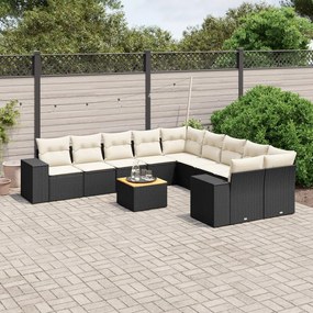 11 pcs conjunto sofás de jardim c/ almofadões vime PE preto