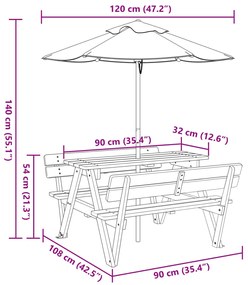 Mesa de piquenique para 4 crianças com guarda-sol abeto maciço