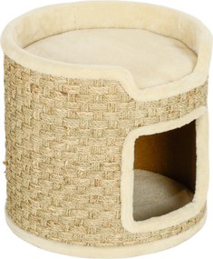 PawHut Barril Arranhador para Gatos 37 cm com Toca e Cama Superior em Sisal, Caqui | Aosom Portugal