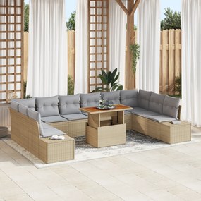 Conjunto de Sofá de Jardim com Almofadas 11 Peças Bege Rattan Poliéste