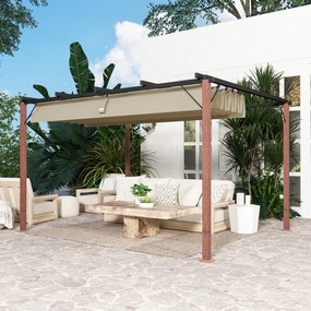 Pérgola com Teto Retráti Pérgola de Aluminio 382x300x232 cm com Toldo de Poliéster Anti-UV Pérgola de Jardim Bege e Madeira