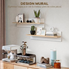 Conjunto de 2 prateleiras de parede de 80 cm, prateleiras suspensas para a sala de estar, hall de entrada, quarto e cozinha, em branco e madeira natur