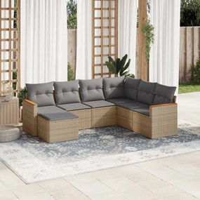 7 pcs conjunto de sofás p/ jardim com almofadões vime PE bege