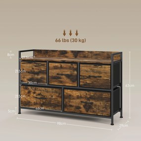 Cómoda com 5 Gavetas de Tecido Cómoda de Estilo Industrial com Estrutura Metálica para Quarto 98x29x63 cm Castanho Rústico