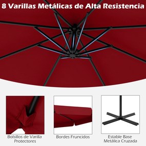 Conjunto de guarda-sol cantilever de 305 cm com inclinação de 0 a 35°, manivela, 8 varas, capa e base recheável com água/areia de 128 kg, vermelho