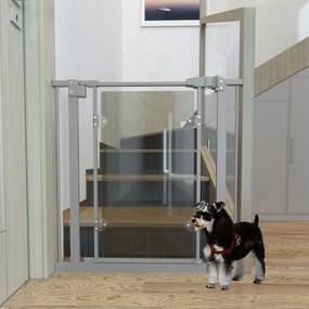 PawHut Barreira de Segurança de Cães para Escadas e Portas 74-105cm com 2 Extensões de Aço 10/15cm Porta de Acrílico e Fechamento Automático Altura 76,2cm Cinza